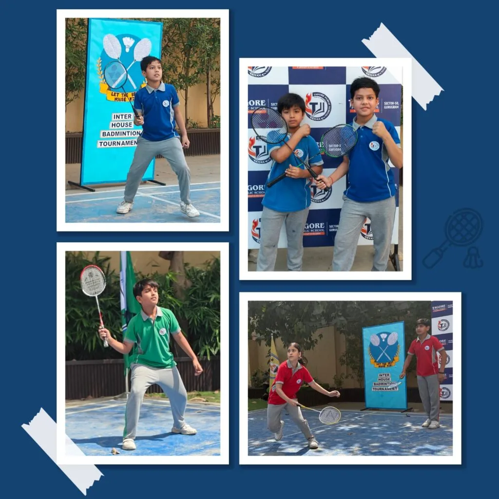Students playing badminton during inter house sports tournament at Tagore Public School Gurugram
