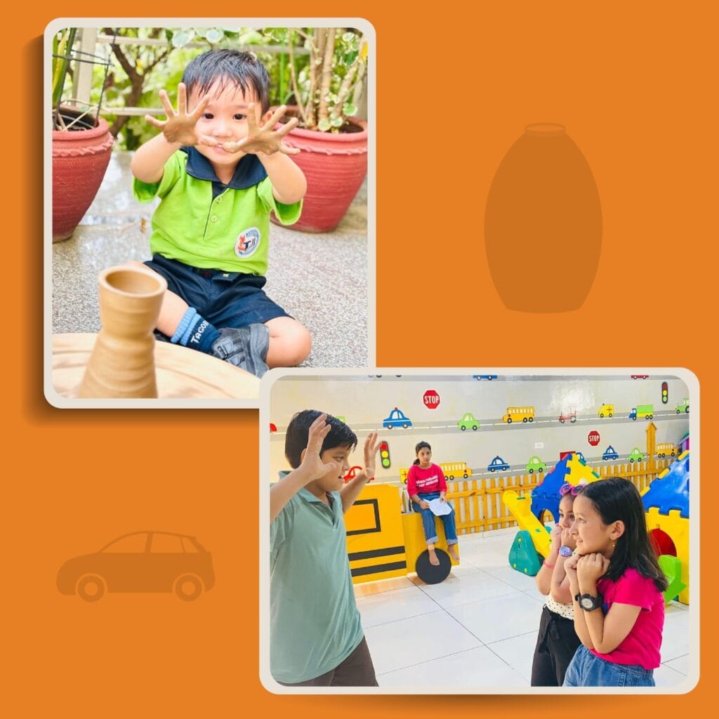 A collage of two photos. The top image shows a smiling toddler sitting on the floor showing off their muddy hands next to a fresh clay pot. The bottom image shows three children participating in a fun role-play or acting activity in a colorful playroom decorated with painted roads and vehicles.