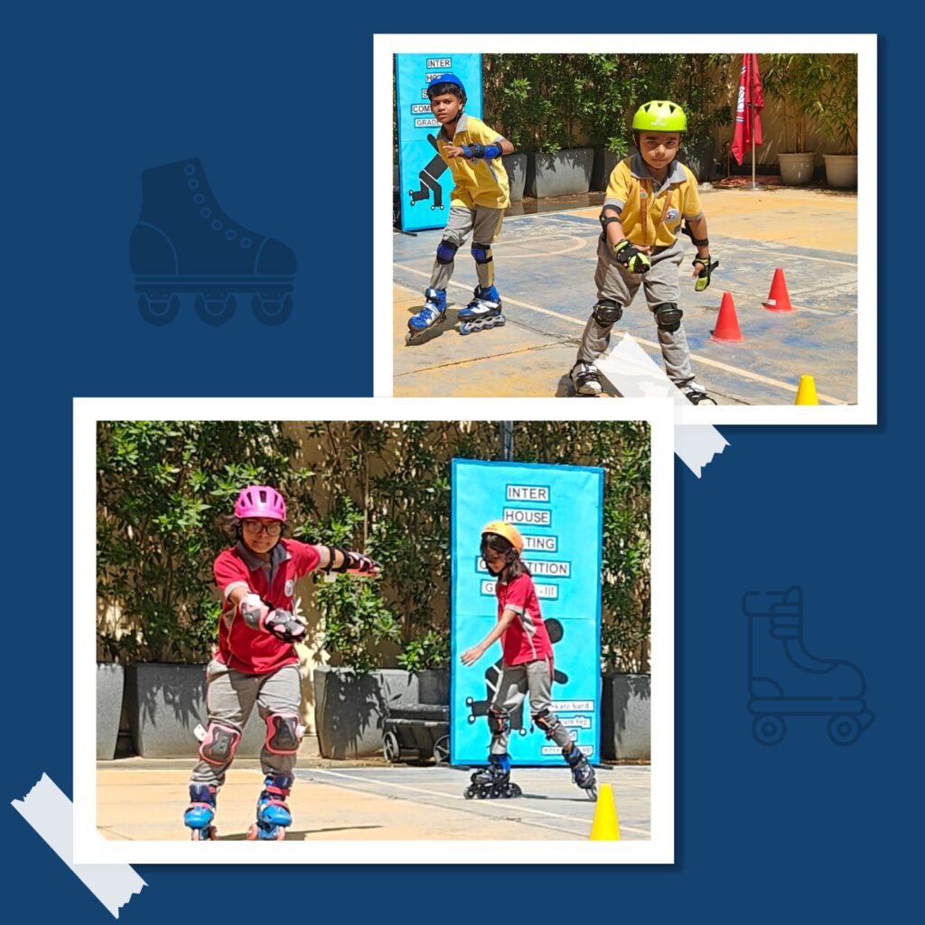 Students participating in roller skating competition at Tagore Public School with safety gear and helmets