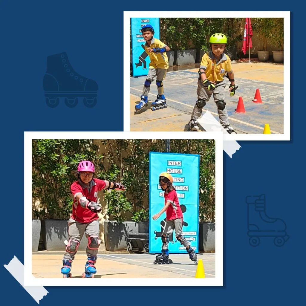 Students participating in roller skating competition at Tagore Public School with safety gear and helmets