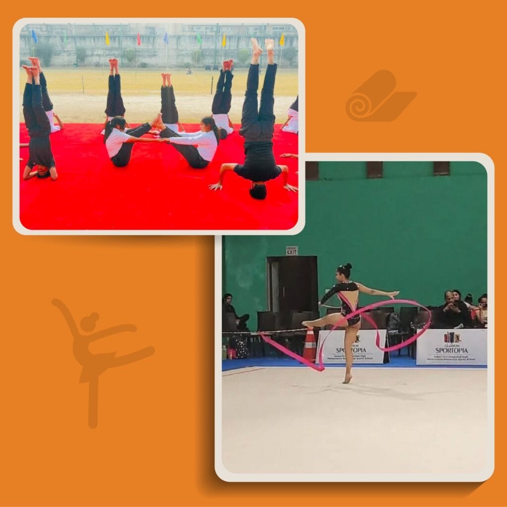 The top image shows a group of students practicing yoga outdoors on a red carpet, with two students performing headstands while others do partner stretches. The bottom image shows a rhythmic gymnast performing a routine with a pink ribbon in an indoor sports hall.